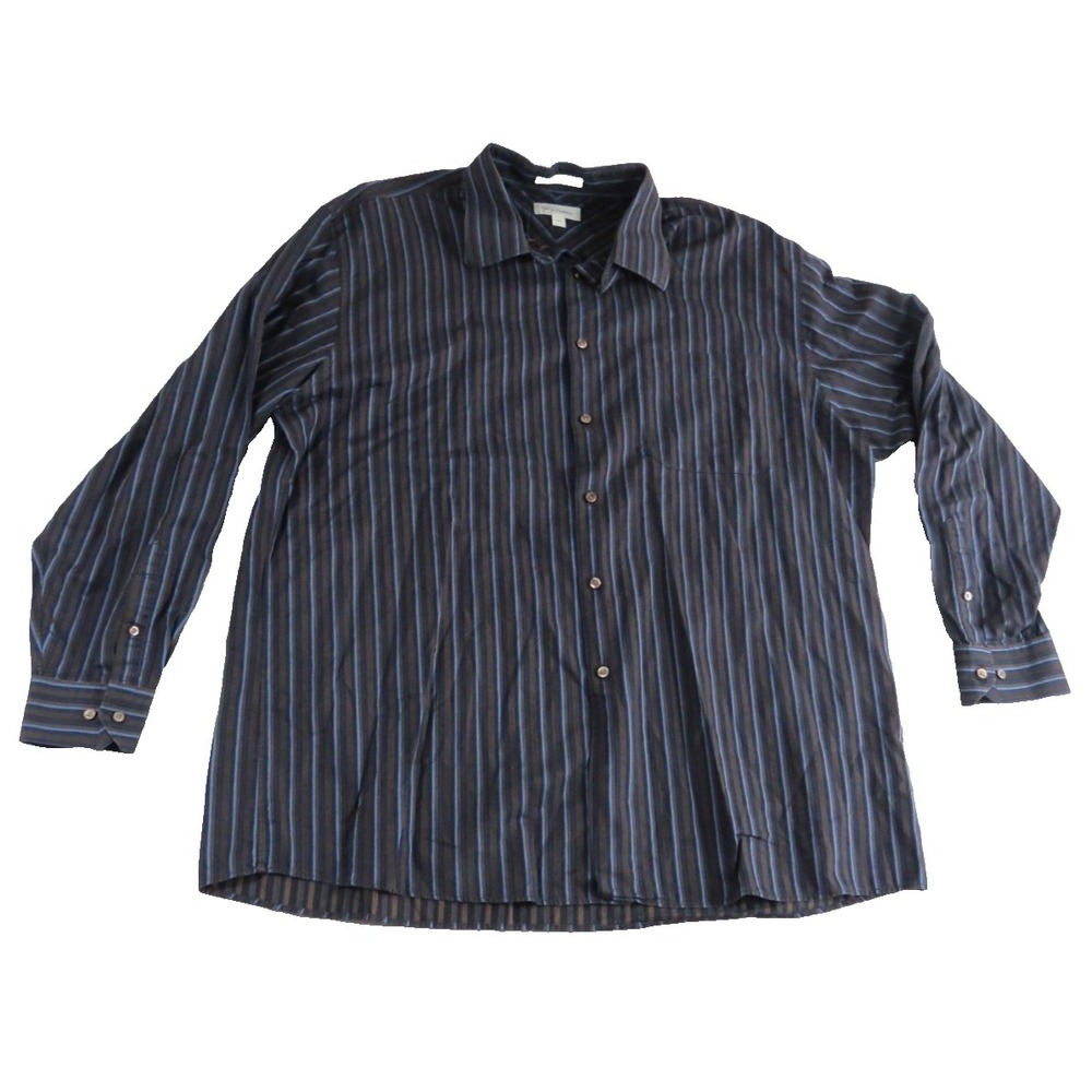VTG John W Nordstrom Men XXL Dress Shirt Italian Fabric Stripe Blue Brown Cotton